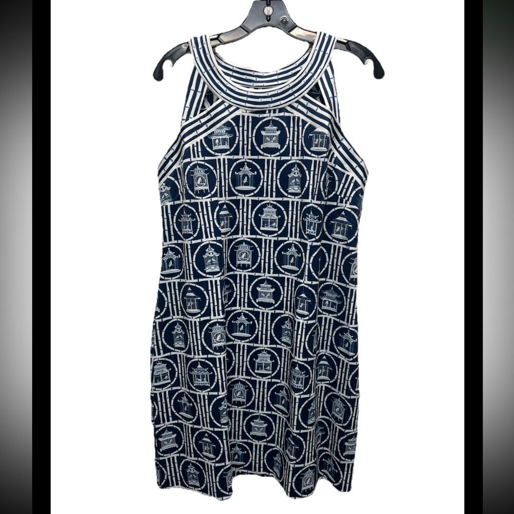 Gretchen Scott Sleeveless Navy White Caged Bird Sheath Dress XL
